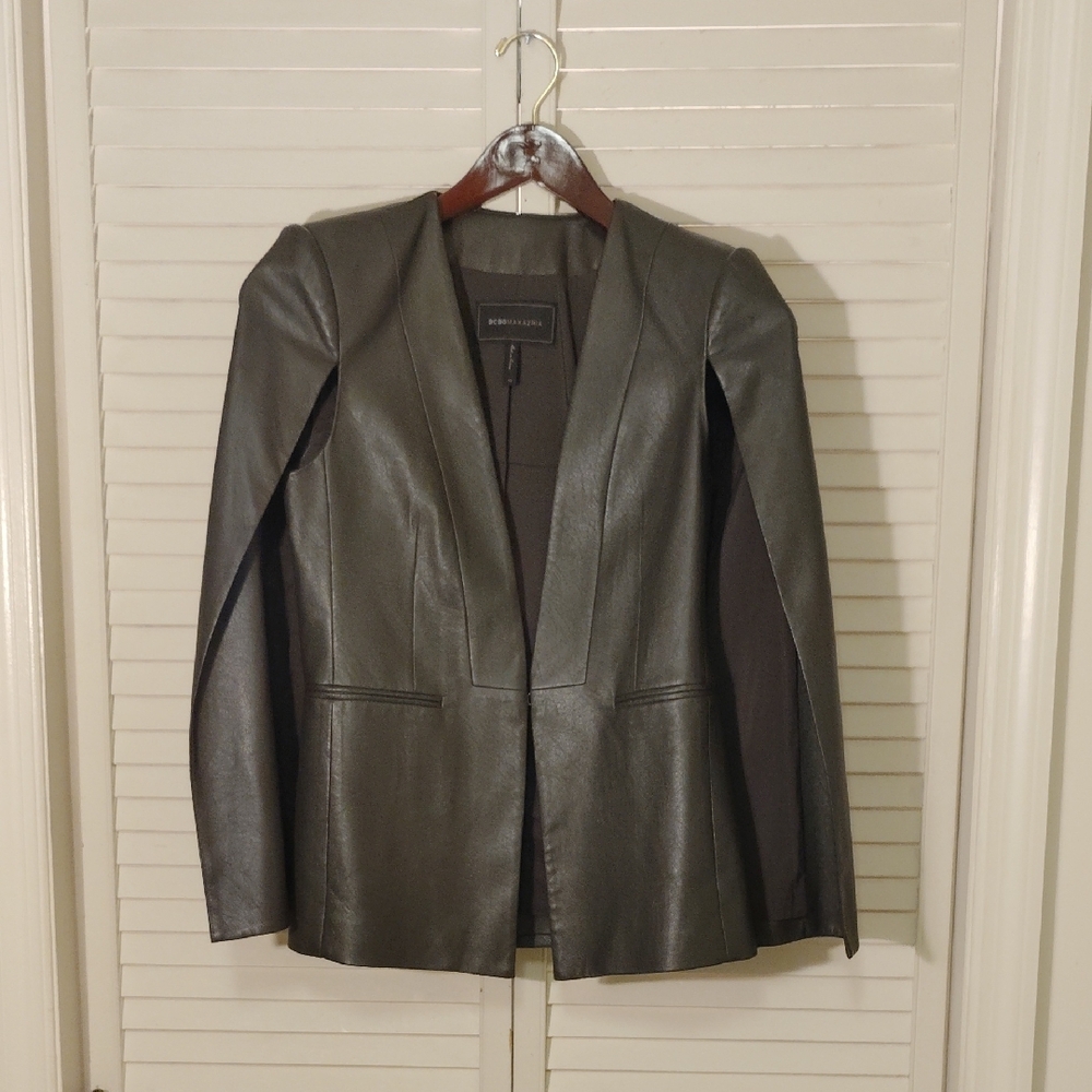 BCBGMaxAzria Black Faux Leather Cape Style Blazer - Picture 3 of 10